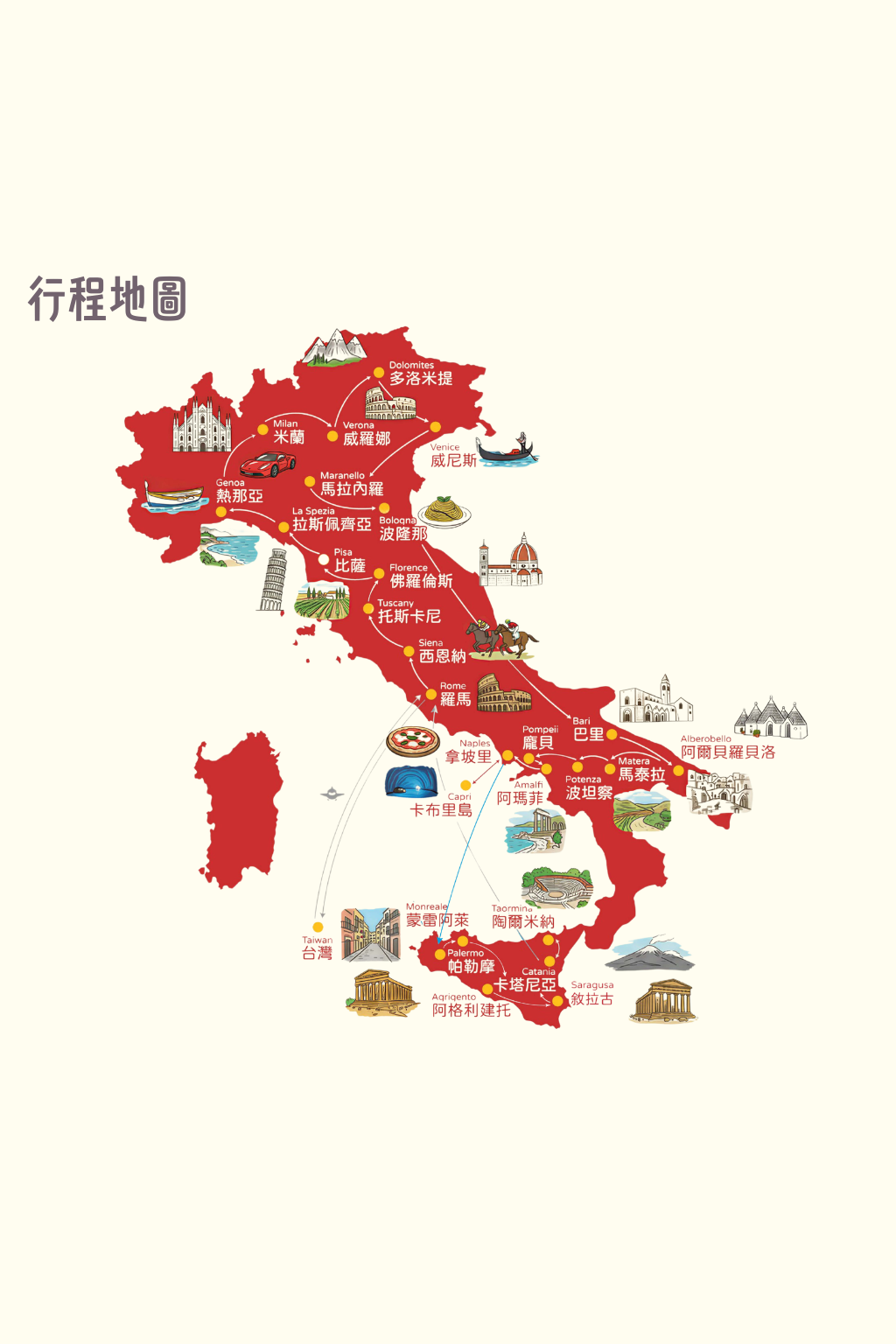 義大利羅馬帝國全覽23天行程地圖