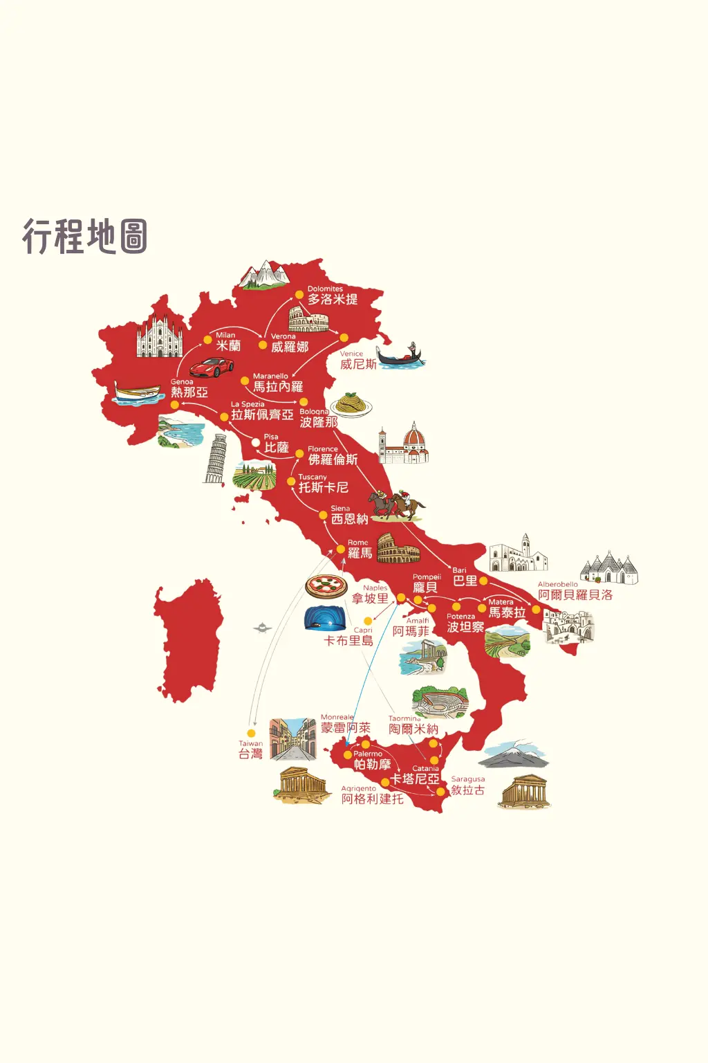義大利羅馬帝國全覽23天行程地圖